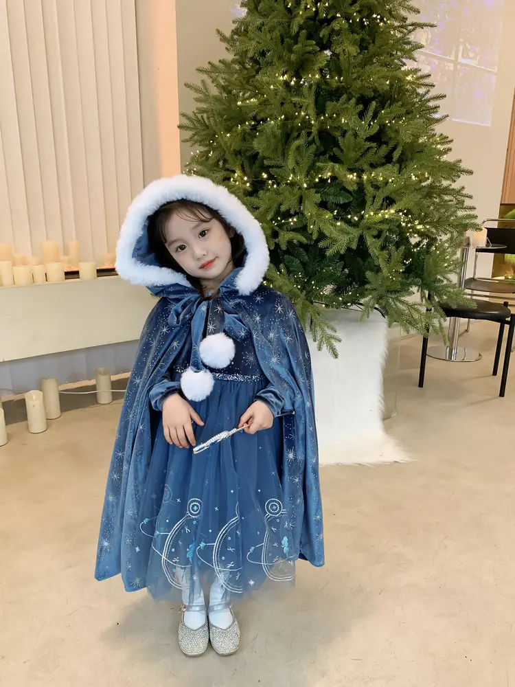 Hot sale new Halloween kids blue ice and snow elements long sleeved princess dress with cape06